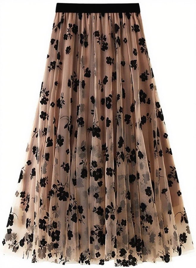 CHARTOU Women's Elastic High Waist Tulle Ruffle Pleated A-Line Swing Midi Skirt (Small, Khaki) - Image 1